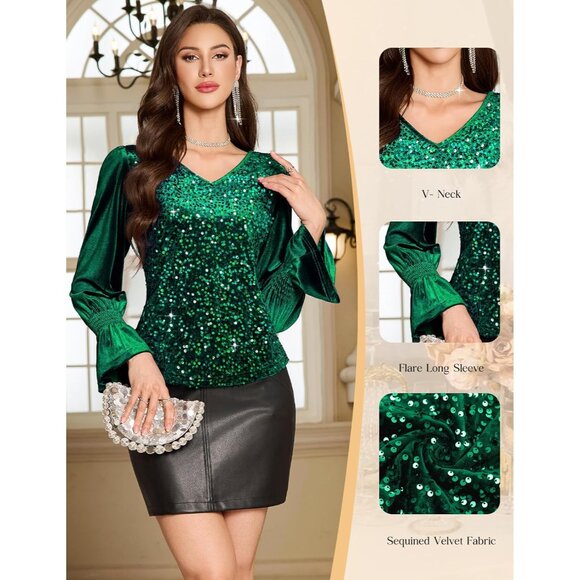 Women's Velvet Sequin Top Long Sleeve V-Neck Casual Party Winter - Picture 3 of 6